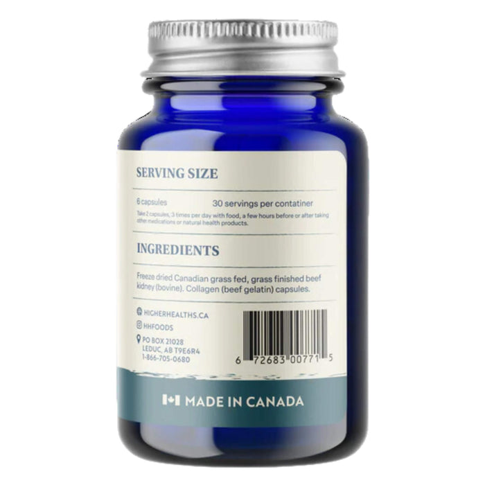 Back of Bottle of Higher Healths Beef Kidney - 100% Grass-Fed, Grass-Finished Information