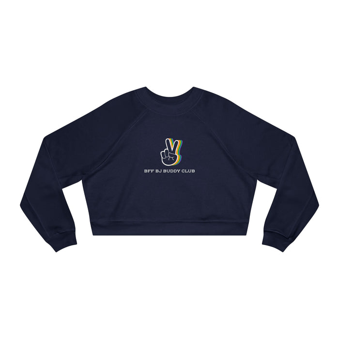 Zodiac Academy collection crop sweatshirt by thtgrlreads featuring a navy vintage-wash Comfort Colors base with a colorful peace hand graphic and "BFF BJ Buddy Club" text in a clean sans-serif font.