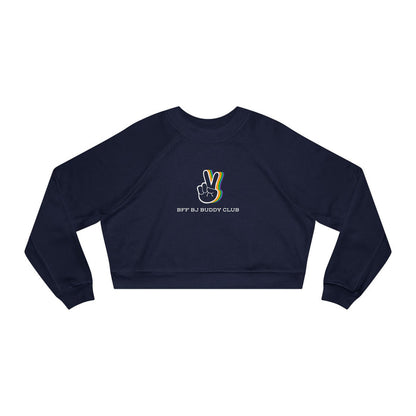 Zodiac Academy collection crop sweatshirt by thtgrlreads featuring a navy vintage-wash Comfort Colors base with a colorful peace hand graphic and "BFF BJ Buddy Club" text in a clean sans-serif font.