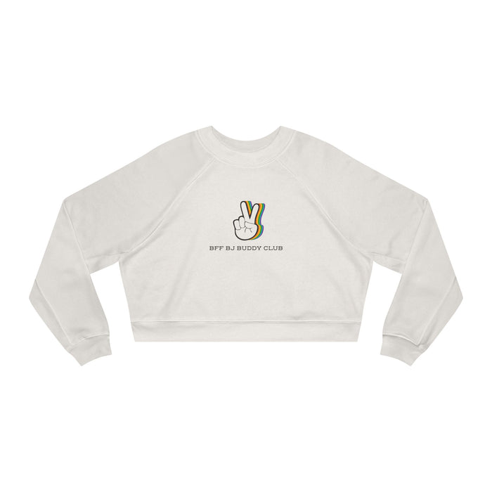 Zodiac Academy collection cropped sweatshirt by thtgrlreads featuring a vintage-wash Comfort Colors base with a minimalist graphic of a peace sign and "BFF BJ Buddy Club" text in casual font.