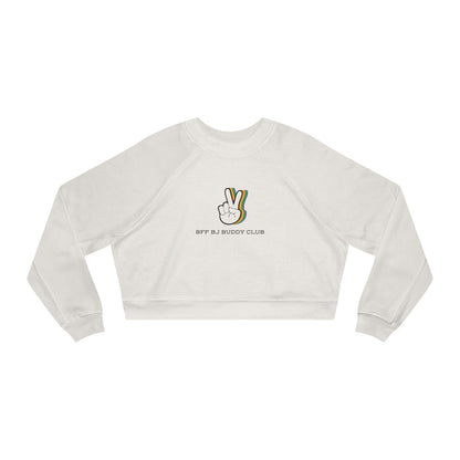 Zodiac Academy collection cropped sweatshirt by thtgrlreads featuring a vintage-wash Comfort Colors base with a minimalist graphic of a peace sign and "BFF BJ Buddy Club" text in casual font.