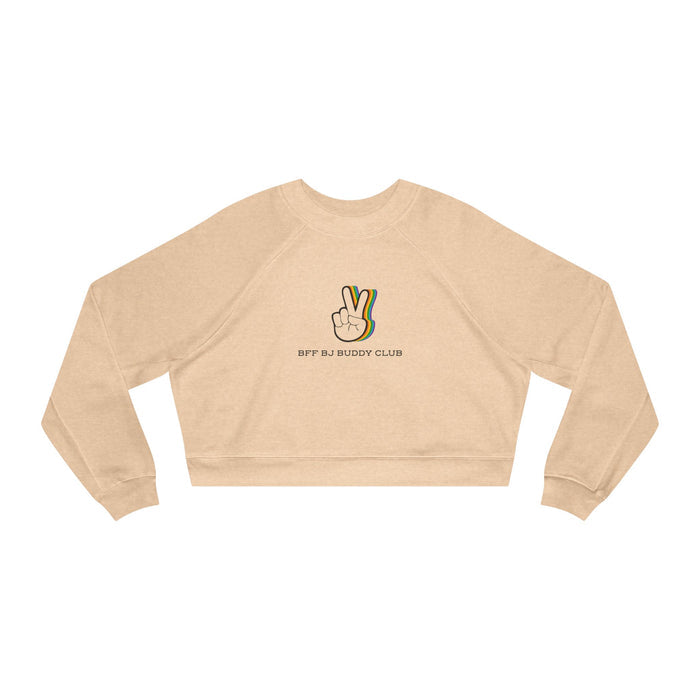 Zodiac Academy collection cropped sweatshirt by thtgrlreads featuring a beige Comfort Colors base with a vintage-style peace hand graphic and "BFF BJ Buddy Club" text in a relaxed fit.