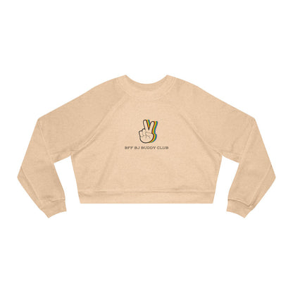 Zodiac Academy collection cropped sweatshirt by thtgrlreads featuring a beige Comfort Colors base with a vintage-style peace hand graphic and "BFF BJ Buddy Club" text in a relaxed fit.