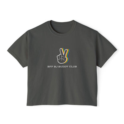A vintage wash charcoal Comfort Colors cropped t-shirt from thtgrlreads featuring a bold graphic peace hand sign with rainbow outlines and "BFF BJ BUDDY CLUB" text, part of the Zodiac Academy and Tees collections.