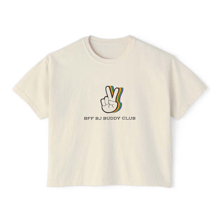 Zodiac Academy inspired cropped Comfort Colors tee by thtgrlreads featuring a vintage-style rainbow peace hand graphic with "BFF BJ Buddy Club" text, part of the Tees collection.