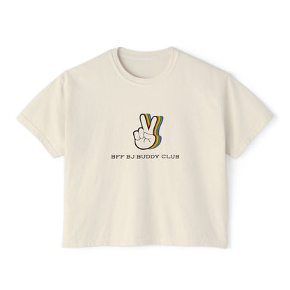 Zodiac Academy inspired cropped Comfort Colors tee by thtgrlreads featuring a vintage-style rainbow peace hand graphic with "BFF BJ Buddy Club" text, part of the Tees collection.