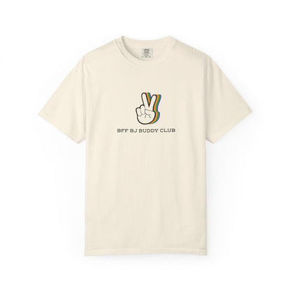 Thtgrlreads Zodiac Academy collection features a vintage wash Comfort Colors graphic tee in cream with a retro peace hand print and "BFF BJ Buddy Club" text, perfect bookish merch.