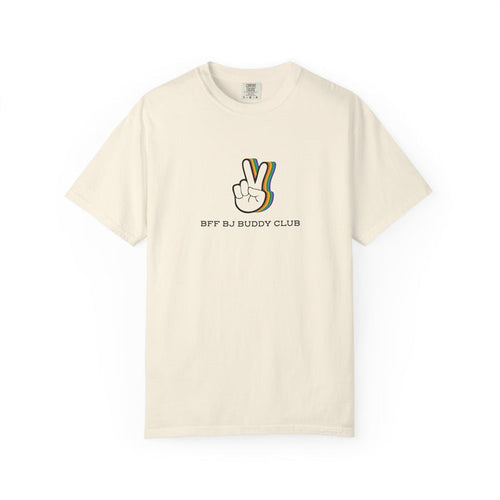 Thtgrlreads Zodiac Academy collection features a vintage wash Comfort Colors graphic tee in cream with a retro peace hand print and "BFF BJ Buddy Club" text, perfect bookish merch.