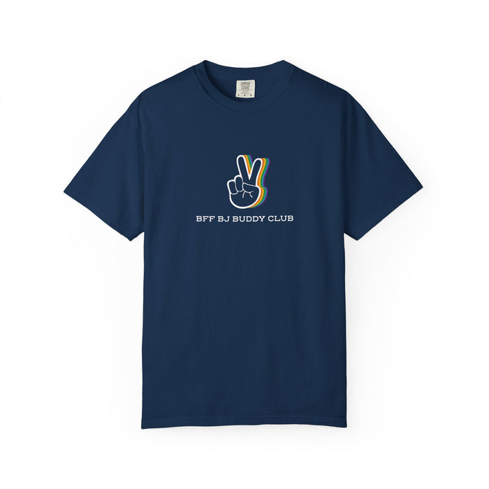 Zodiac Academy-themed unisex Comfort Colors graphic tee by thtgrlreads in navy blue with a vintage wash, featuring a peace sign illustration and "BFF BJ Buddy Club" text.