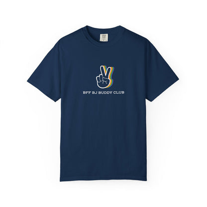 Zodiac Academy-themed unisex Comfort Colors graphic tee by thtgrlreads in navy blue with a vintage wash, featuring a peace sign illustration and "BFF BJ Buddy Club" text.