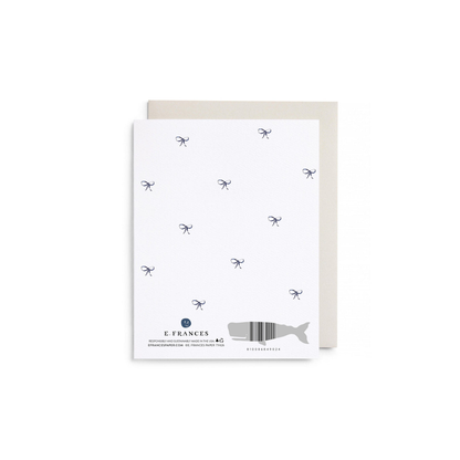 Thank you card with navy bow pattern, E. FRANCES logo, and barcode
