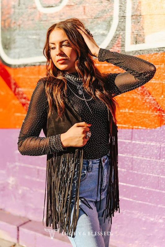 Black Suede Fringe Studded Vest