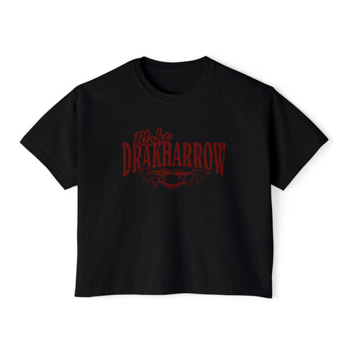 A black cropped Comfort Colors graphic tee from thtgrlreads featuring "Blake Drakaharrow" in bold red gothic script font above a red bat illustration.