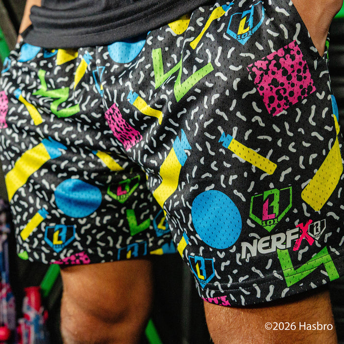 Colorful shorts with a pattern featuring the 'BL101 X NERF' logo on a black background.
