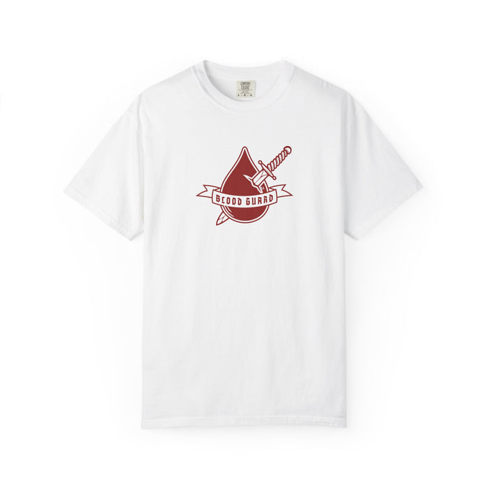 Thtgrlreads Bloodwing Academy comfort colors graphic tee in white featuring a vintage-wash look and a minimalist red dagger and blood drop design with "Blood Guard" text.