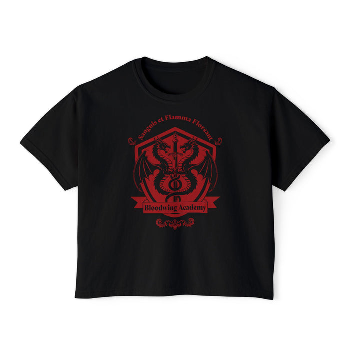 A black Comfort Colors crop top from thtgrlreads featuring the Bloodwing Academy collection with a vintage-wash feel and red gothic script crest graphic of a dragon and sword.