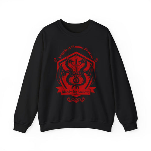 Bloodwing Academy collection by thtgrlreads features this black oversized crewneck sweatshirt with a bold red Bloodwing Academy crest graphic, part of the cozy Crewnecks lineup.