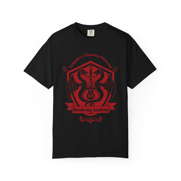 Bloodwing Academy collection Comfort Colors graphic tee by thtgrlreads featuring a vintage-wash black unisex t-shirt with a bold red Bloodwing Academy crest graphic, part of officially licensed bookish apparel.