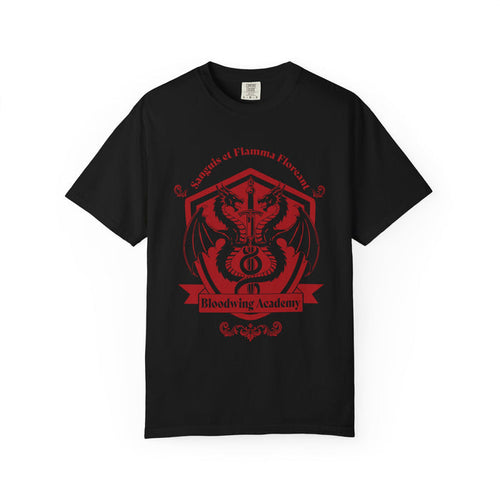 Bloodwing Academy collection Comfort Colors graphic tee by thtgrlreads featuring a vintage-wash black unisex t-shirt with a bold red Bloodwing Academy crest graphic, part of officially licensed bookish apparel.