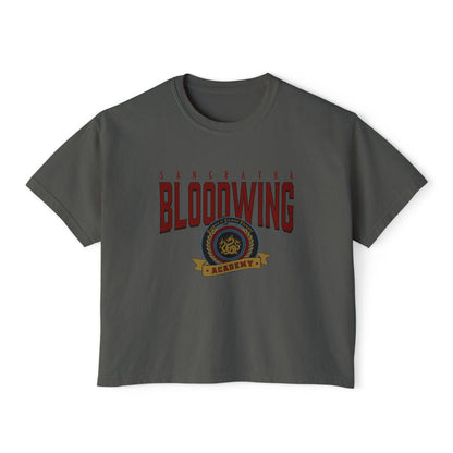 Bloodwing Academy crop top from thtgrlreads featuring a vintage wash Comfort Colors fabric with bold red gothic text and detailed emblem graphic, part of Bloodwing Academy and Tees collections.
