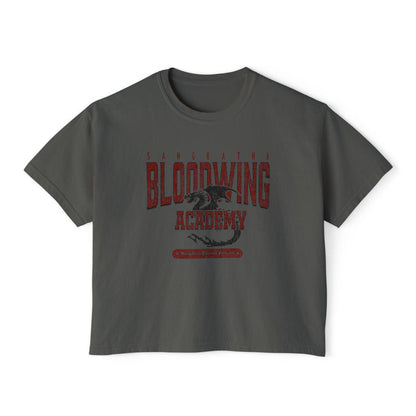 Bloodwing Academy crop top from thtgrlreads featuring a vintage wash Comfort Colors base in dark gray with a distressed red graphic of a dragon and gothic text, part of the Bloodwing Academy and Tees collections.