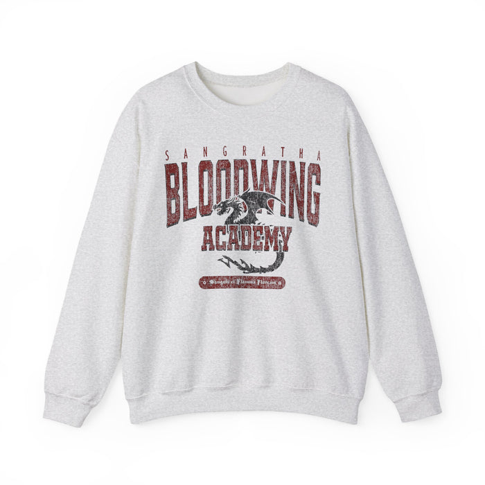 A vintage washed oversized crewneck sweatshirt from thtgrlreads featuring Bloodwing Academy graphic with a dragon illustration, part of Back to School and Crewnecks collections.