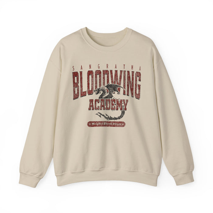 Thtgrlreads Bloodwing Academy collection oversized crewneck sweatshirt in vintage-washed Comfort Colors fabric, featuring a distressed red dragon graphic and text print.