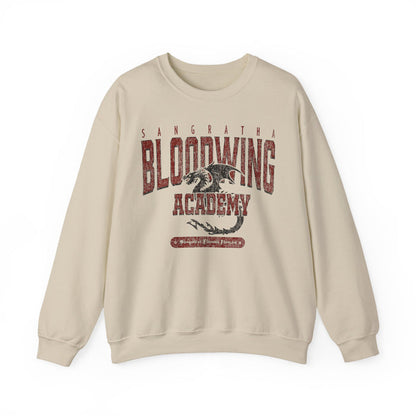 Thtgrlreads Bloodwing Academy collection oversized crewneck sweatshirt in vintage-washed Comfort Colors fabric, featuring a distressed red dragon graphic and text print.