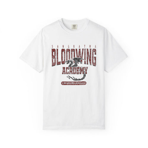 Bloodwing Academy vintage wash Comfort Colors graphic tee by thtgrlreads features a distressed red print of a dragon and academy text, perfect for bookish fans and Back to School collections.