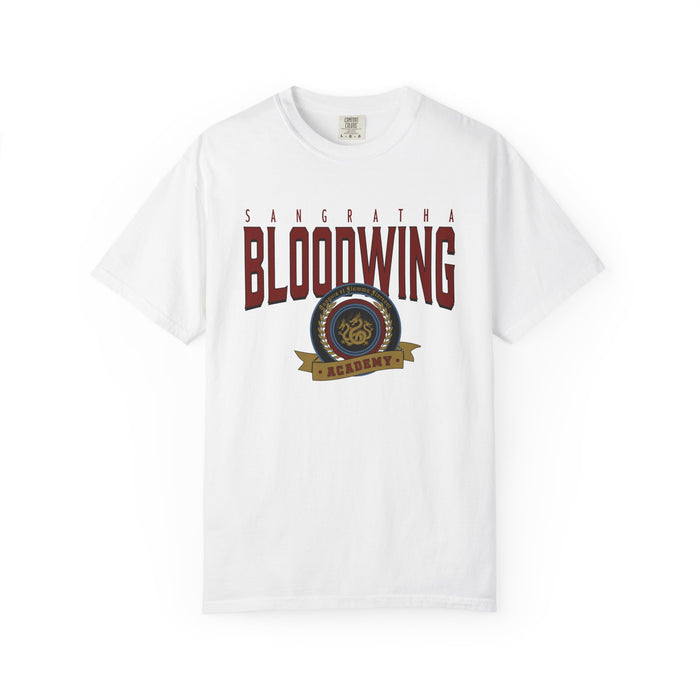 Bloodwing Academy graphic Comfort Colors tee by thtgrlreads featuring bold vintage wash print with crest emblem, part of the Back to School and Bloodwing Academy collections.