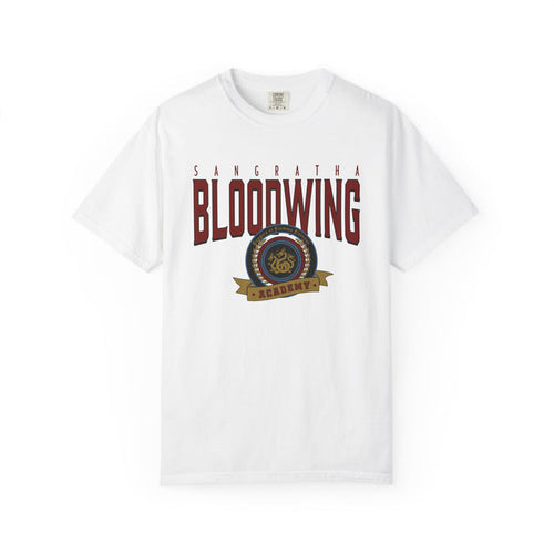 Bloodwing Academy graphic Comfort Colors tee by thtgrlreads featuring bold vintage wash print with crest emblem, part of the Back to School and Bloodwing Academy collections.