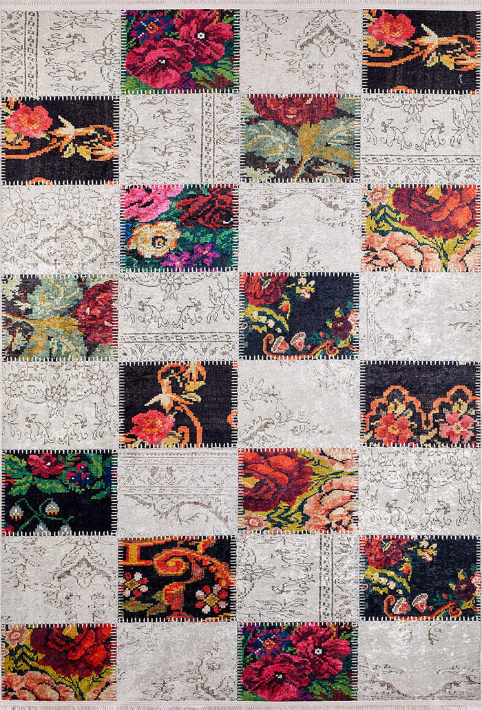 The Blooming Paradise - Washable Rug - JR188 features alternating multicolor squares with vibrant floral patterns and beige sections with delicate stitched outlines. This vintage-style, washable rug adds charm to high-traffic areas.
