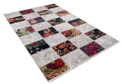 The Blooming Paradise - Washable Rug - JR188 features vibrant floral patchwork squares with white embroidery in a grid, blending colorful and neutral tones—perfect for high-traffic areas and easy to keep clean.