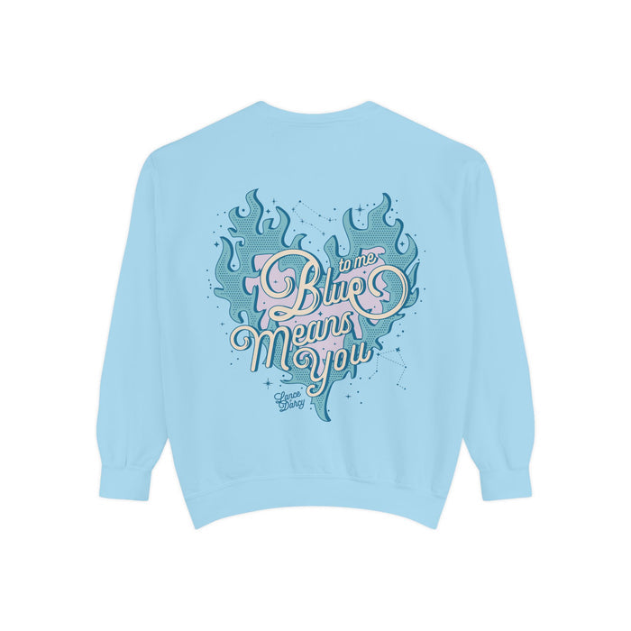 Zodiac Academy oversized crewneck sweatshirt by thtgrlreads in light blue, featuring vintage puff print graphic text "Blue means you" with flame and constellation design, from the Crewnecks collection.