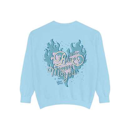 Zodiac Academy oversized crewneck sweatshirt by thtgrlreads in light blue, featuring vintage puff print graphic text "Blue means you" with flame and constellation design, from the Crewnecks collection.