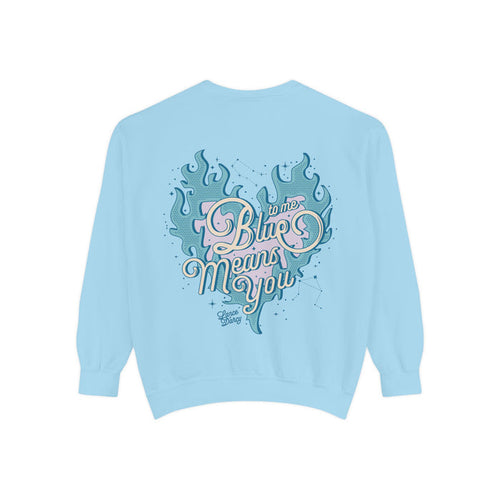 Zodiac Academy oversized crewneck sweatshirt by thtgrlreads in light blue, featuring vintage puff print graphic text "Blue means you" with flame and constellation design, from the Crewnecks collection.