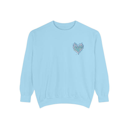 Zodiac Academy collection blue Comfort Colors oversized crewneck sweatshirt by thtgrlreads featuring a small pastel heart graphic with delicate detailing on chest, part of officially licensed bookish apparel.