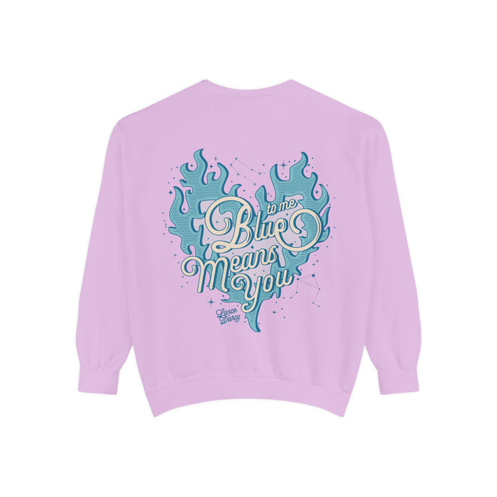 Zodiac Academy-themed oversized crewneck sweatshirt from thtgrlreads featuring a vintage puff print graphic in blue flames with the phrase "Blue Means You," part of their Crewnecks collection.