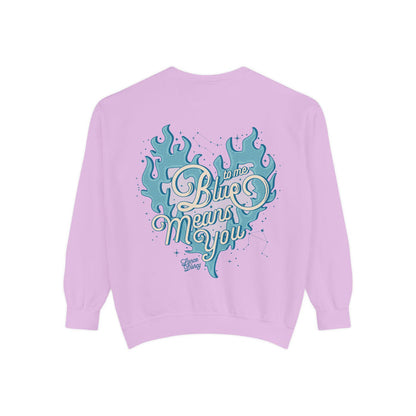 Zodiac Academy-themed oversized crewneck sweatshirt from thtgrlreads featuring a vintage puff print graphic in blue flames with the phrase "Blue Means You," part of their Crewnecks collection.