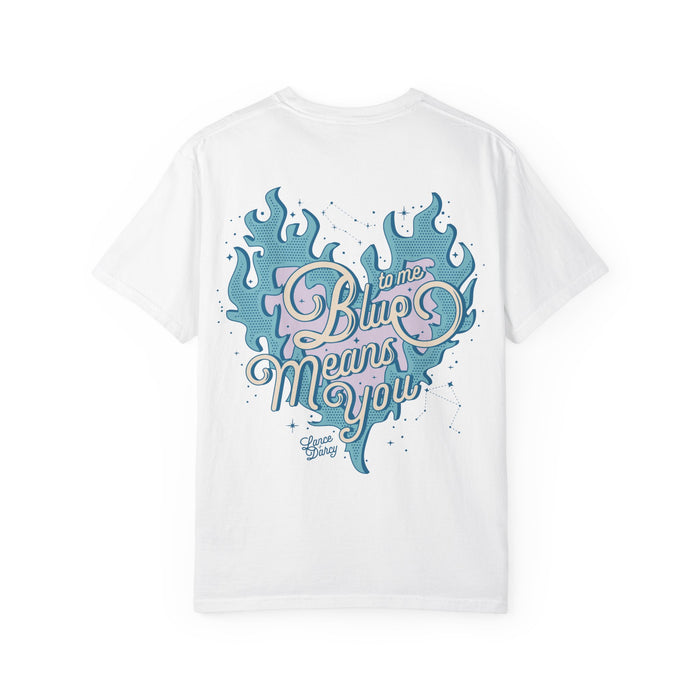 Zodiac Academy comfort colors graphic tee from thtgrlreads featuring a vintage wash white base with a blue flame heart and scripted "Blue means you" text design, part of the Tees collection.