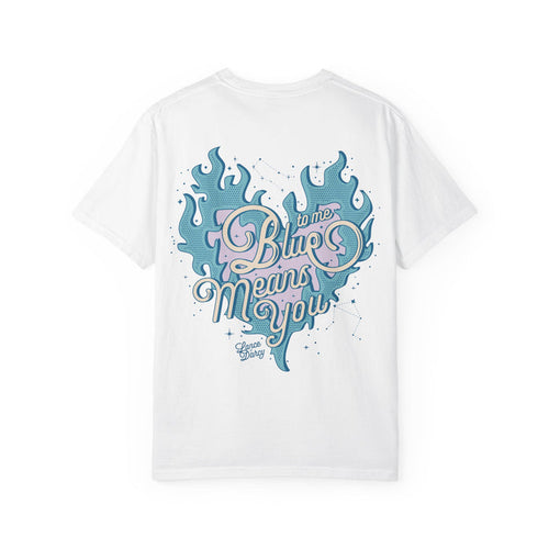 Zodiac Academy comfort colors graphic tee from thtgrlreads featuring a vintage wash white base with a blue flame heart and scripted "Blue means you" text design, part of the Tees collection.