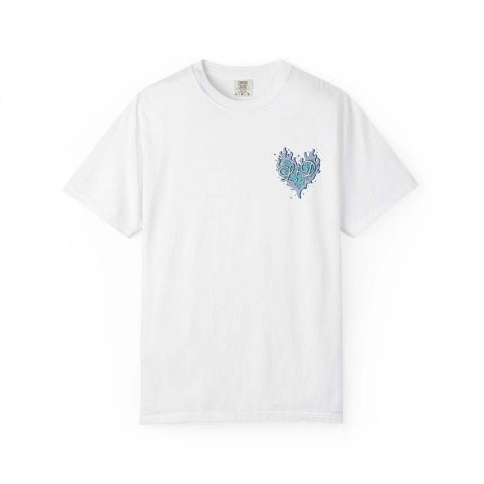 Zodiac Academy-themed Comfort Colors graphic tee by thtgrlreads featuring a vintage-wash white base and a blue artistic heart print on the chest, part of Tees collection.
