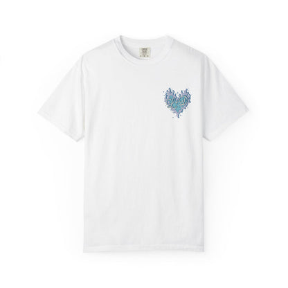 Zodiac Academy-themed Comfort Colors graphic tee by thtgrlreads featuring a vintage-wash white base and a blue artistic heart print on the chest, part of Tees collection.