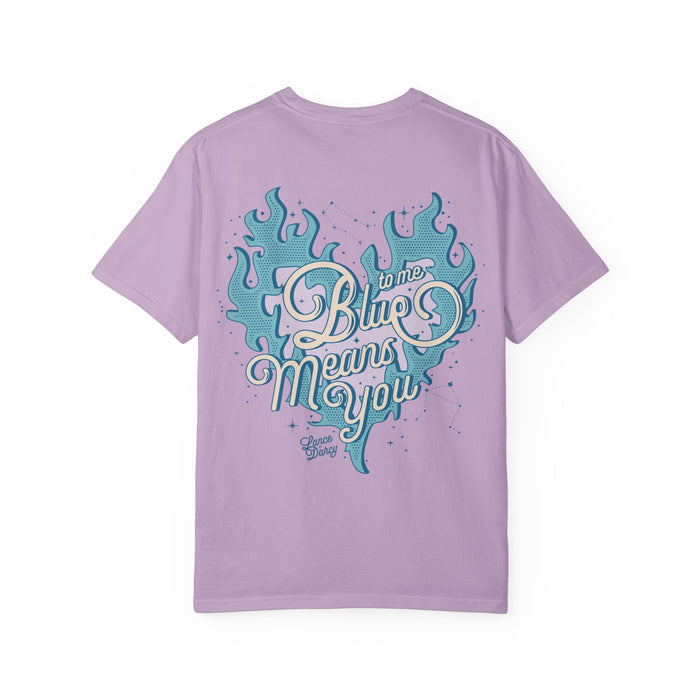 Zodiac Academy comfort colors graphic tee by thtgrlreads featuring vintage style blue flame heart and "Blue means you" text in a retro script font on a lavender unisex cotton shirt.