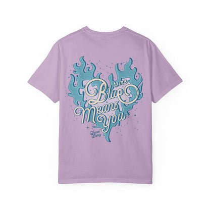 Zodiac Academy comfort colors graphic tee by thtgrlreads featuring vintage style blue flame heart and "Blue means you" text in a retro script font on a lavender unisex cotton shirt.
