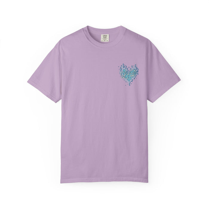 Zodiac Academy-themed Comfort Colors graphic tee by thtgrlreads in soft lavender with a vintage puff print blue heart design, part of the Zodiac Academy and Tees collections.