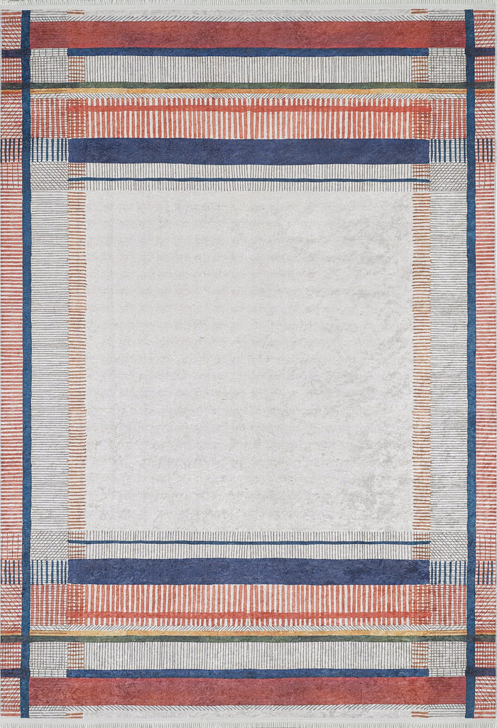 The Bohemian Nightscape - Washable Rug (JR1701) features a central white area framed by red, blue, and light gray geometric patterns in a grid-like design—ideal for high-traffic spaces.