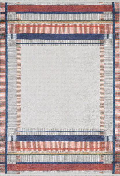 The Bohemian Nightscape - Washable Rug (JR1701) features a central white area framed by red, blue, and light gray geometric patterns in a grid-like design—ideal for high-traffic spaces.
