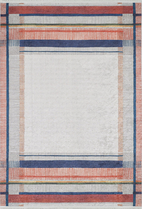 The Bohemian Nightscape - Washable Rug (JR1701) features a central white area framed by red, blue, and light gray geometric patterns in a grid-like design—ideal for high-traffic spaces.