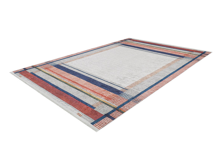 The Bohemian Nightscape - Washable Rug - JR1701 features a rectangular shape, light center, and colorful geometric border with red, blue, orange, and beige stripes—perfect for high-traffic areas. Shown on a white background.